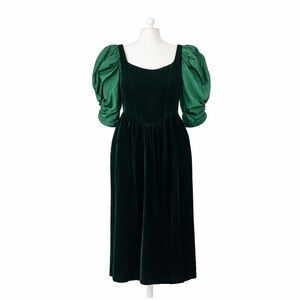 Gunne Sax XS Vintage 80's 90's Velvet 0987 puff sleeve Emerald Green puffy midi